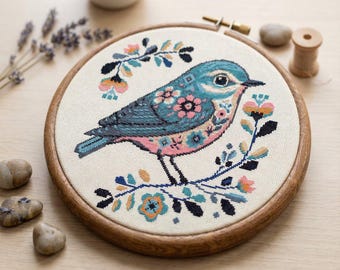 花鳥クロスステッチ図案PDF、モダンフォークバード刺繍、コテージコア