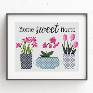 Home sweet home cross stitch pattern, Tulips and orchid in geometric pots, Botanical embroidery Set,  Plant embroidery, Instant download