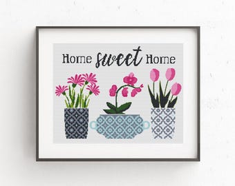 Patrón de punto de cruz "Hogar dulce hogar", tulipanes y orquídeas en macetas geométricas, juego de bordado botánico, bordado de plantas, descarga instantánea
