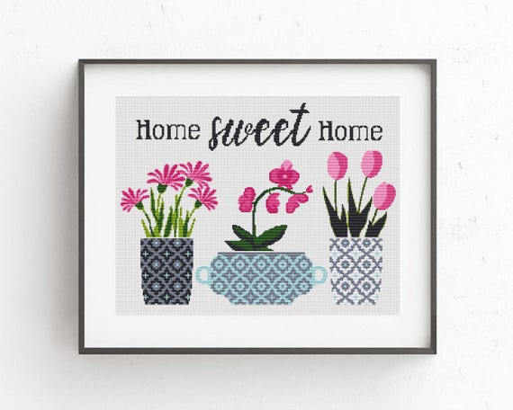 Home sweet home cross stitch pattern, Tulips and orchid in geometric pots, Botanical embroidery Set,  Plant embroidery, Instant download