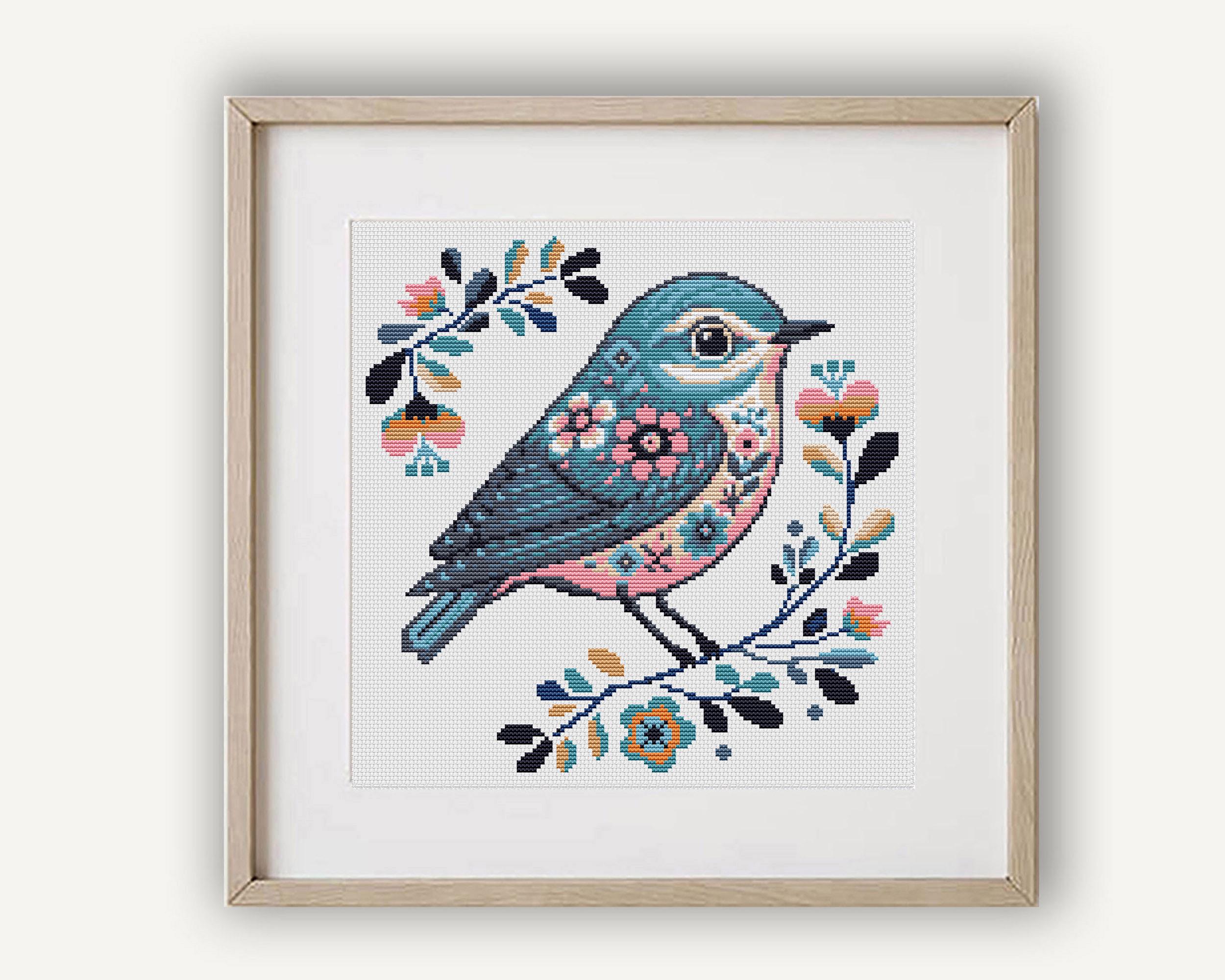 花鳥クロスステッチ図案PDF、モダンフォークバード刺繍、コテージコア