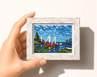 Mini art cross stitch pattern PDF. Red Boats at Argenteuil by Claude Monet. Small famous painting. Tiny art, Vintage miniature sailing
