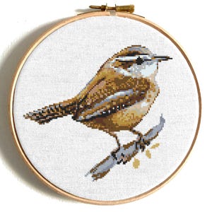 Carolina Wren cross stitch pattern. Cute forest bird, mini easy cross stitch chart, songbird embroidery PDF, instant download