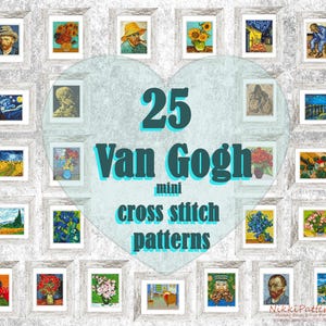 Set of 25 Van Gogh Mini art Cross Stitch Patterns, Mini masterpieces, Starry night, Modern cross stitch, Tiny famous paintings, Beginner