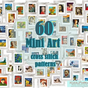 60 Mini Art Cross Stitch Patterns Mini masterpieces Starry night, Modern cross stitch bundle, Tiny famous paintings, Beginner pattern