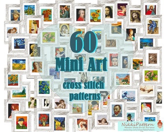 60 Mini Art Cross Stitch Patterns Mini chefs-d'oeuvre Nuit étoilée, Bundle de point de croix moderne et Petits tableaux célèbres