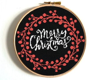 Merry Christmas cross stitch pattern, Christmas wreath embroidery, Winter design, Holiday quote, Digital instant download PDF