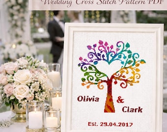 Wedding modern cross stitch pattern, Colorful love tree, Personalized name, Custom name, Love Anniversary wedding gift, Digital download PDF