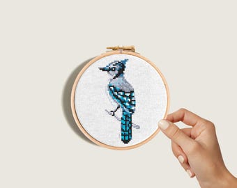 Mini bird cross stitch pattern Blue Jay counted x-stitch, Tiny songbird, Easy embroidery birds design, PDF Instant download