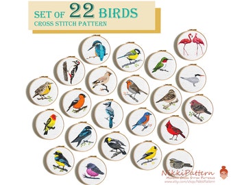 Set of 22 Birds cross stitch pattern bundle Little singing bird counted cross stitch Easy cross stitch Robin bird Kingfishers Great Tit