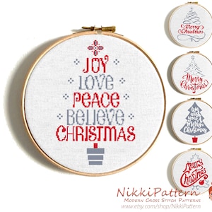 Christmas cross stitch pattern Christmas Tree set Merry Christmas DIY gift Love Joy Peace Believe Easy  Cute PDF pattern Modern embroidery