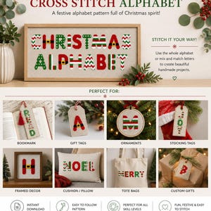 A cross stitch alphabet pattern featuring letters in red, green, and white with festive motifs. The display shows examples of the letters used on a bookmark, gift tags, ornaments, stocking tags, framed decor, a cushion, and a tote bag.