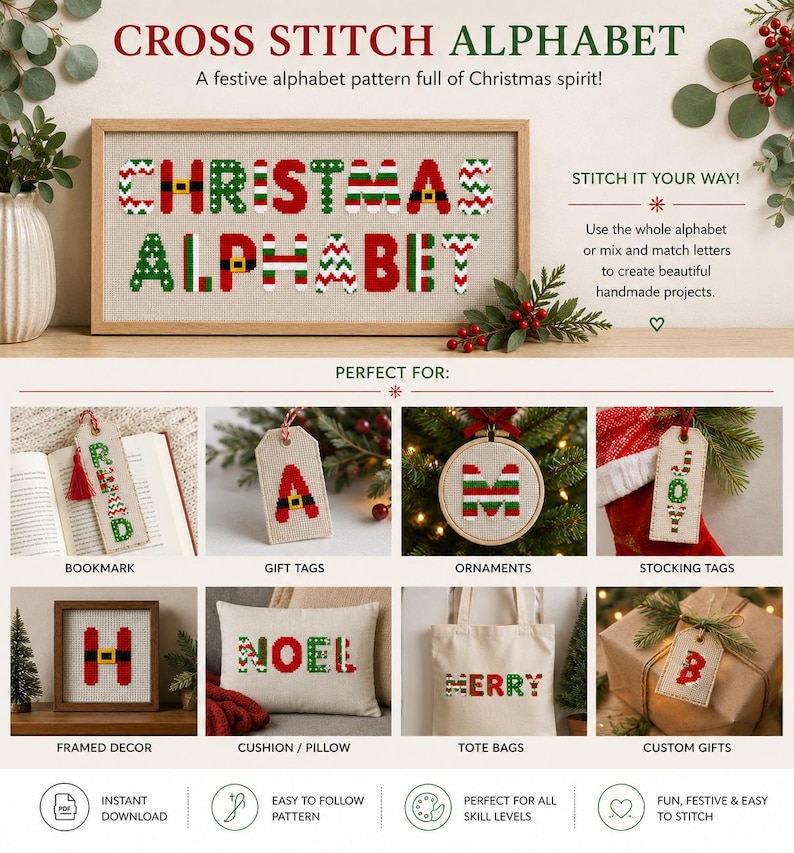 A cross stitch alphabet pattern featuring letters in red, green, and white with festive motifs. The display shows examples of the letters used on a bookmark, gift tags, ornaments, stocking tags, framed decor, a cushion, and a tote bag.