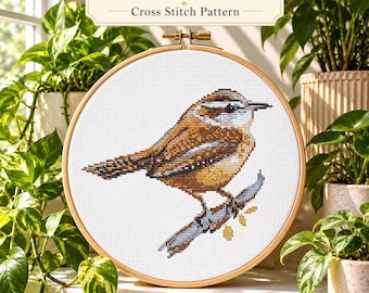Carolina Wren cross stitch pattern. Cute forest bird mini songbird embroidery PDF, instant download
