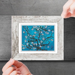 Mini cross stitch pattern art - Almond Blossoms - by Vincent van Gogh Famous painting cross stitch PDF pattern Small Tiny Miniature art