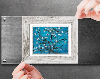 Mini cross stitch pattern art - Almond Blossoms - by Vincent van Gogh Famous painting cross stitch PDF pattern Small Tiny Miniature art