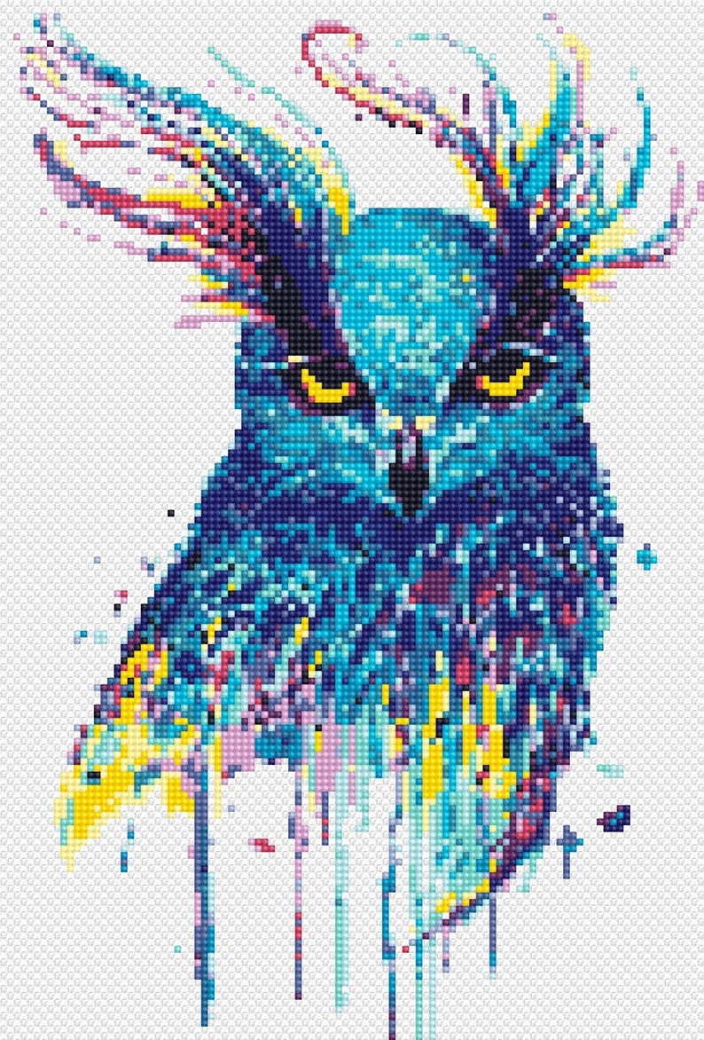 Owl cross stitch pattern Blue owl Watercolor bird cross