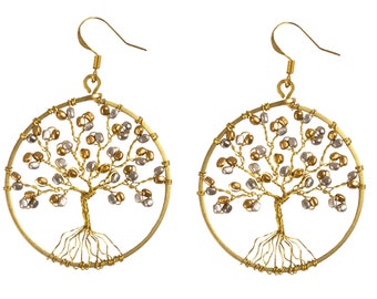Pendiente hecho a mano Árbol de la vida Forma de círculo de latón con cristal de cuentas