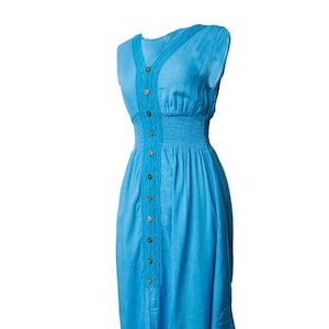Cotton Maxi Dress Smocked Waist V Neck Wood Button