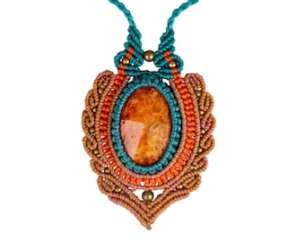 CCcollections Collar de macramé hecho a mano, cordón encerado con cuentas de latón y piedra