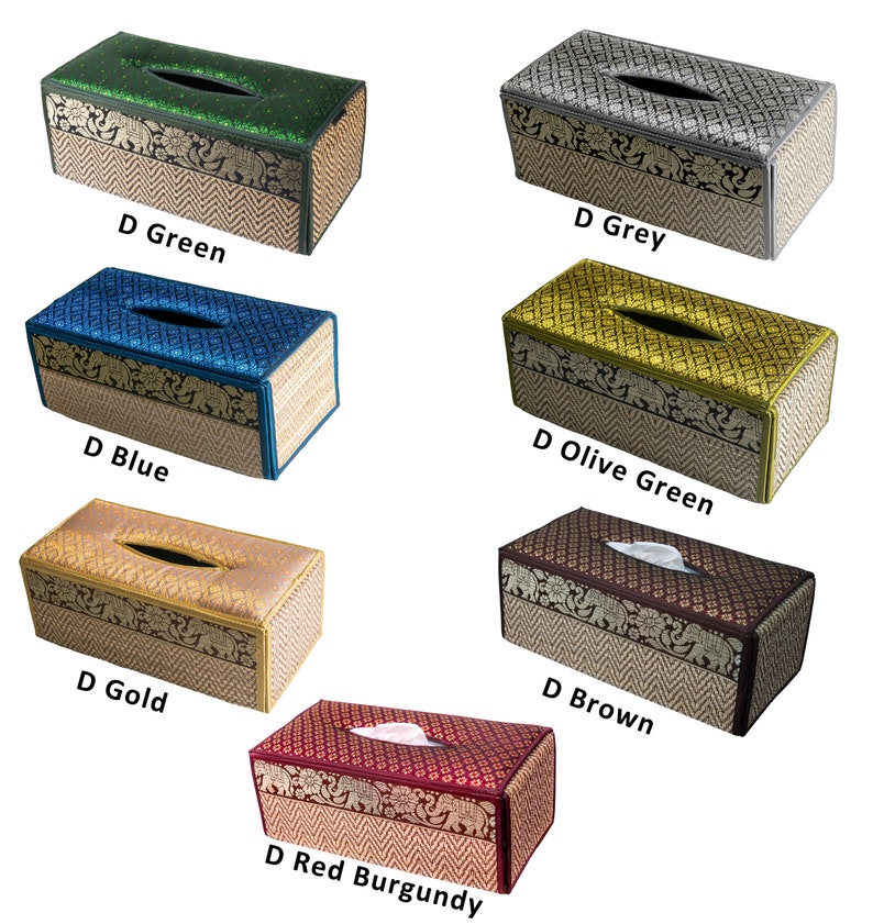 May include: Set of ten tissue box covers in various colors, including green, grey, olive green, blue, gold, brown, and red burgundy. Each cover features a woven pattern with an intricate design of elephants and flowers.