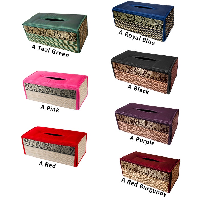 May include: Six tissue box covers in various colors. The covers are made of woven fabric with a decorative pattern and a solid color top. The colors are teal green, royal blue, black, pink, purple, and red burgundy.