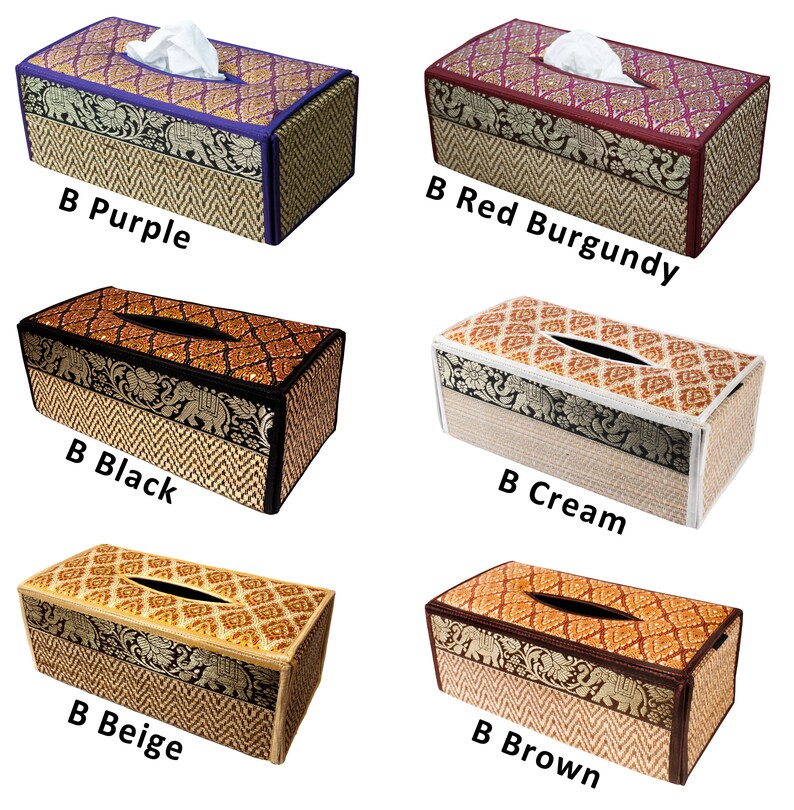 May include: Six tissue box covers with different colored fabric tops and woven straw sides. The colors are purple, red burgundy, black, cream, beige, and brown.