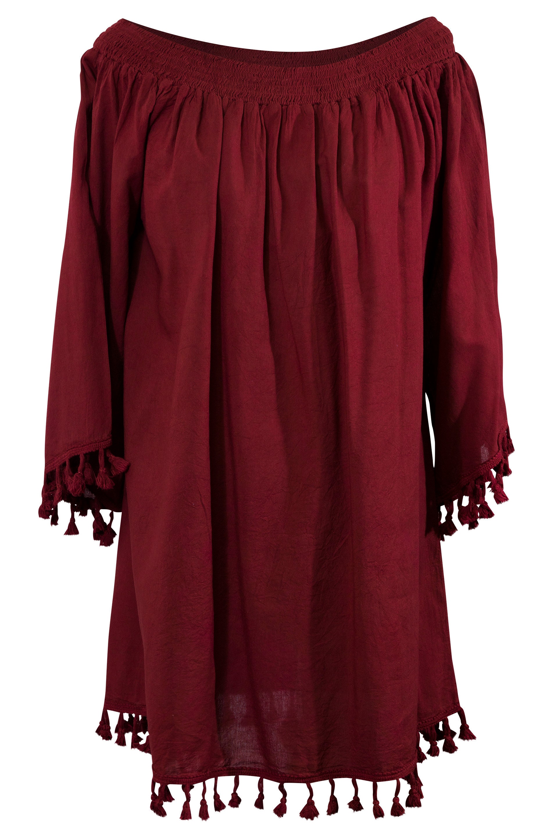 Image of Cotton Open Shoulder Mini Dress Bell Sleeve Pom