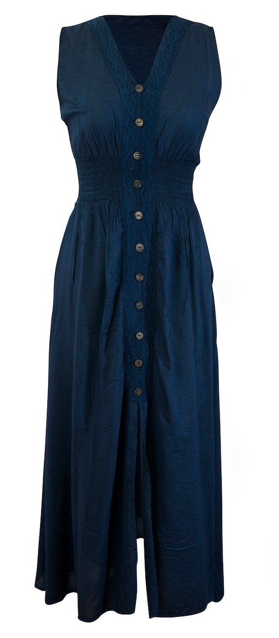 Cotton Maxi Dress Smocked Waist V Neck Wood Button - Etsy