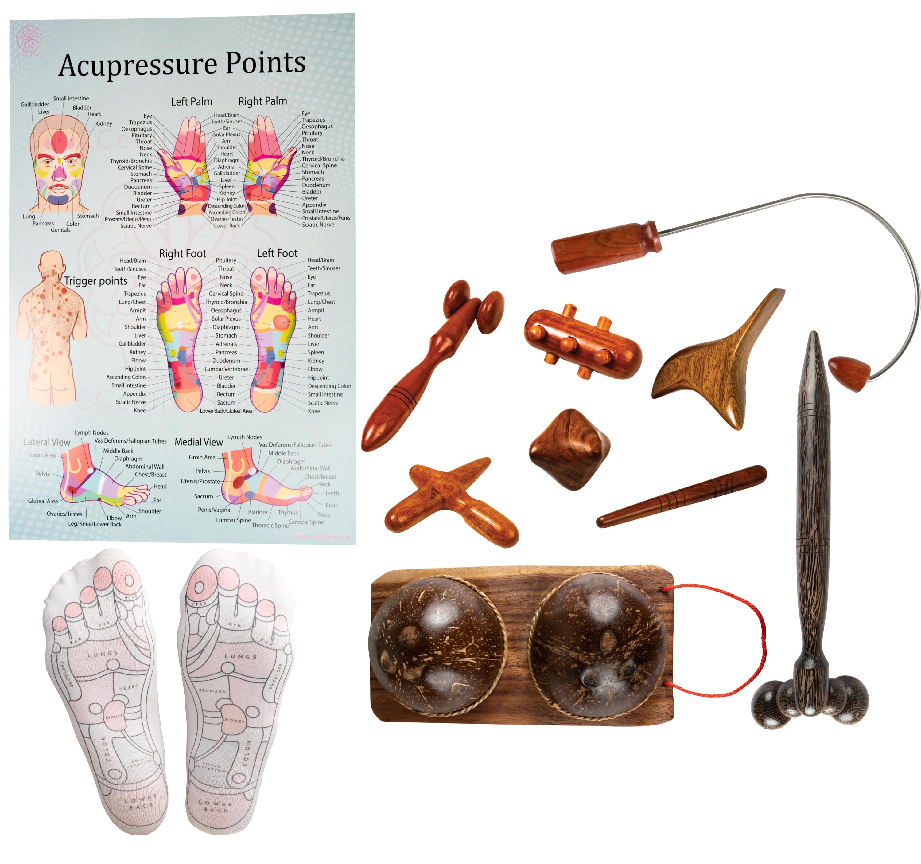 CCcollections Versatile Wooden Manual Massage Tool Sets for professionals with ENGLISH Reflexology Charts