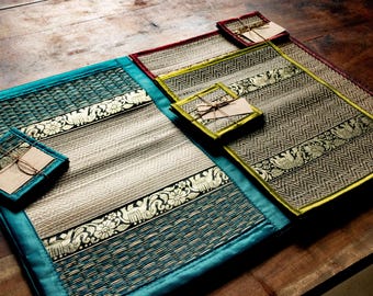 Manteles individuales y posavasos de caña ecológicos hechos a mano, resistentes al calor, fáciles de limpiar, juego de 4 posavasos individuales