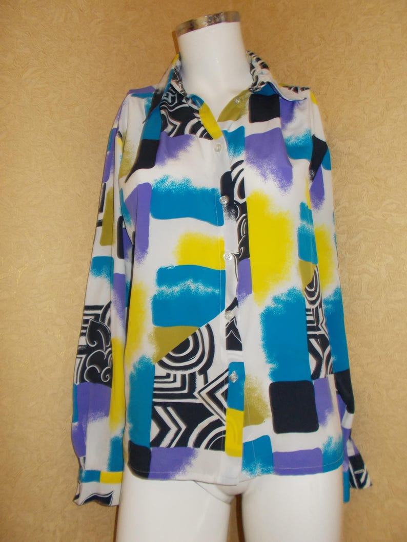 Soviet Vintage Silk Blouse Blue with Yeloow oriental geometric pattern Jacket Woman Clothing Gift for Her USSR woman fashion shirt dress