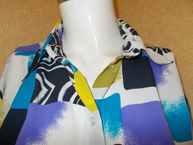 Soviet Vintage Silk Blouse Blue with Yeloow oriental geometric pattern Jacket Woman Clothing Gift for Her USSR woman fashion shirt dress