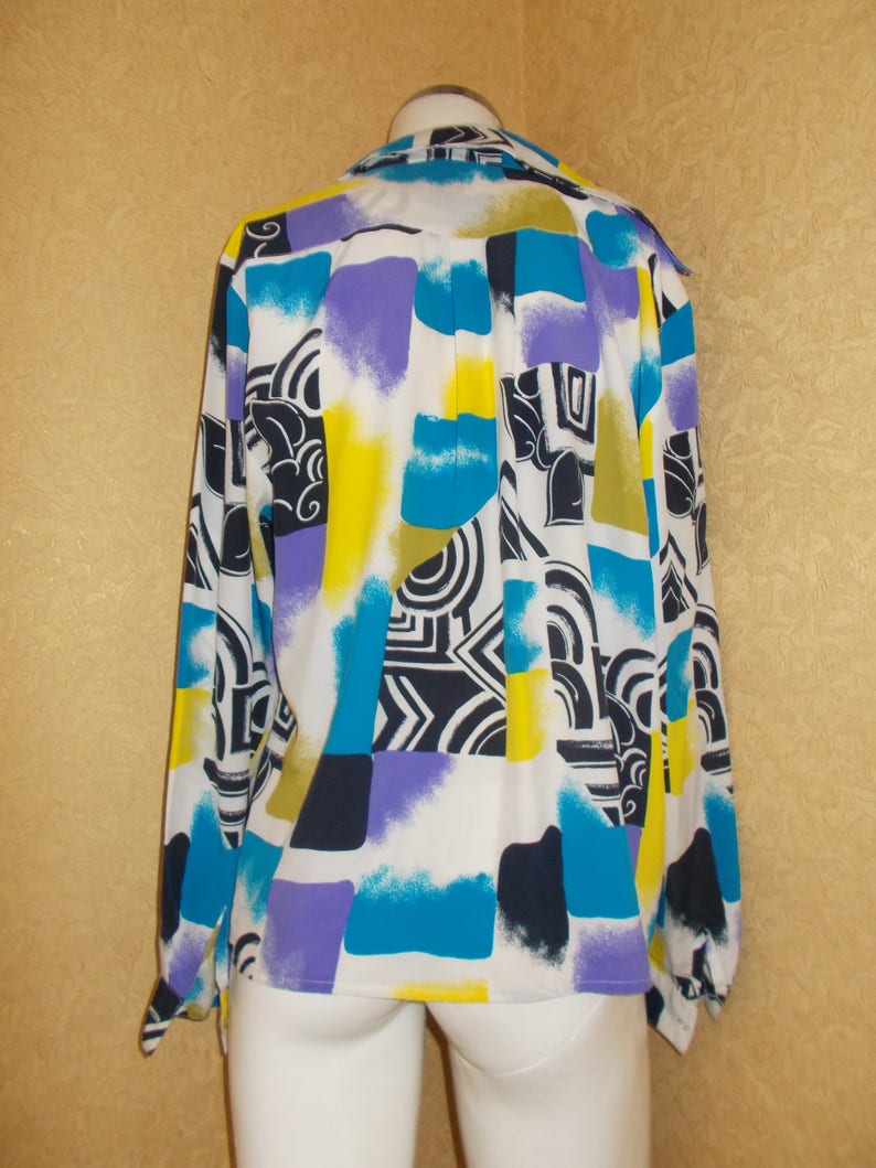 Soviet Vintage Silk Blouse Blue with Yeloow oriental geometric pattern Jacket Woman Clothing Gift for Her USSR woman fashion shirt dress