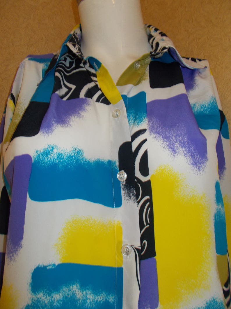 Soviet Vintage Silk Blouse Blue with Yeloow oriental geometric pattern Jacket Woman Clothing Gift for Her USSR woman fashion shirt dress