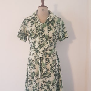 1960-1970&#39;s &#39;C&A&#39; Ivory and green floral dress with neck tie