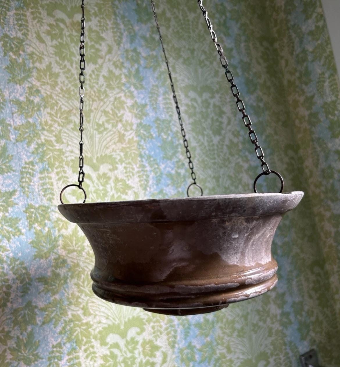 アンティークな20世紀の銅製吊り鉢、ハンドル付きポット、ヴィンテージ