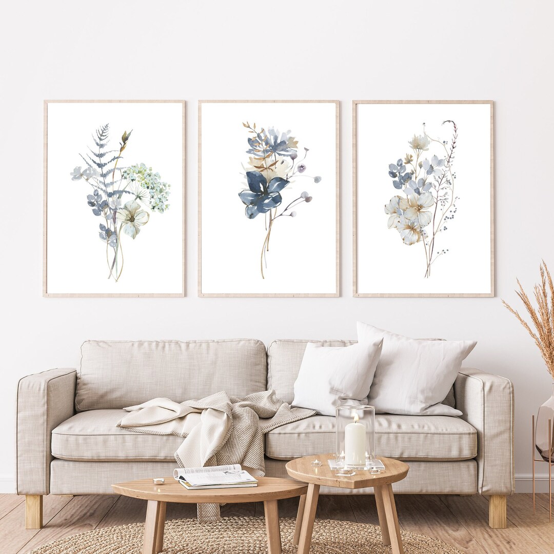 Blue Prints, Set of 3, Blue Botanical Wall Art, Wildflower Wall Art