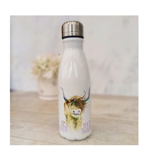 Cute Highland Cow Water Bottle with Scottish Heather, Pretty Personalised Water Bottle &quot;Highland Harriett&quot; design