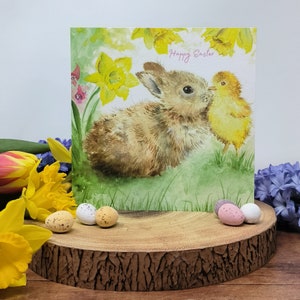Niedliche Häschen Osterkarte Häschen Gruß Küken Karte Hase Osterhase Osterei Narzissen Karte