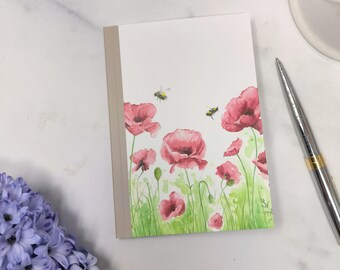 Poppies Bees Pocket Notebook Bee Stationery Gift Poppy Notebook Nature Gardening Gift Notebook Wildflower Stationery