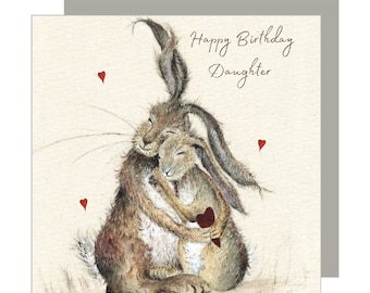Può includere: Un biglietto d'auguri con un'illustrazione ad acquerello di due conigli che si abbracciano. Il biglietto ha il testo "Happy Birthday Daughter" e cuori rossi.