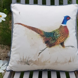 Pheasant Cushion Bright Watercolour Luxury Piped 18 inch Cotton Cushion Cover Woodland Gift Country Home