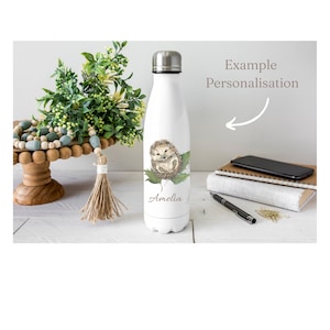 Cute Hedgehog Water Bottle, Pretty Hedgehog Gift, Personalised Water Bottle &quot;Mr Prickles&quot; design, Gift for Him, Gift for Her, Friendship