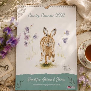 May include: A 2027 wall calendar titled Country Calendar 2027 featuring a watercolour illustration of a brown hare surrounded by purple bellflowers. The bottom section is teal with the text Beautiful Artwork & Stories and Made in Britain.