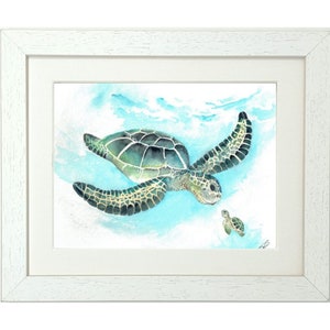 May include: A watercolour painting of a green sea turtle swimming in the ocean with a smaller sea turtle swimming below it. The larger turtle has a green shell with black markings and a light blue background.