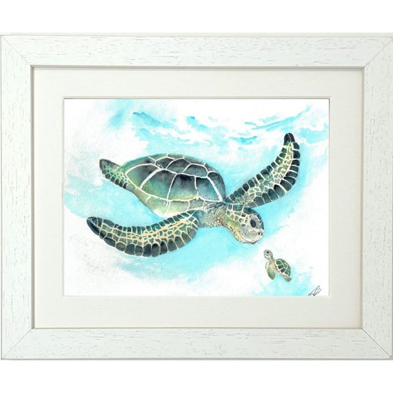 CUTE Mum and Baby Turtle Painting, Nursery Print, Animal Lover Gift Framed  Print, Ocean theme print, environment gift, wildlife lover