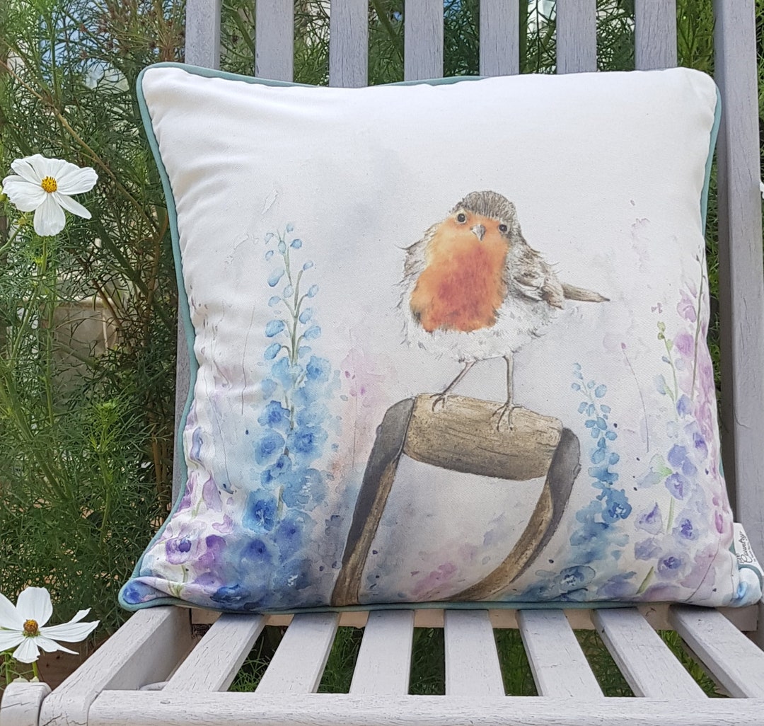 Prety Robi Pretty Robin Cushion With Blue Delphinium Country Garden Flowers Luxury ...