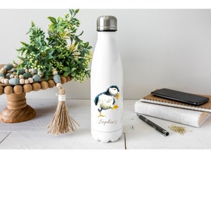 Cute PUFFIN Water Bottle, Pretty Puffin Gift, Personalised Water Bottle, Gift for MUM, Gift for Her, Friendship Gift, Father&#39;s Day, Dad Gift