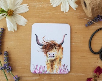 Pretty Highland Cow Coaster Cute Cow Gift For Her Heather Highland Coo Scottish Gift For Him Sustainable Gift Nature Lover Wildlife Painting
